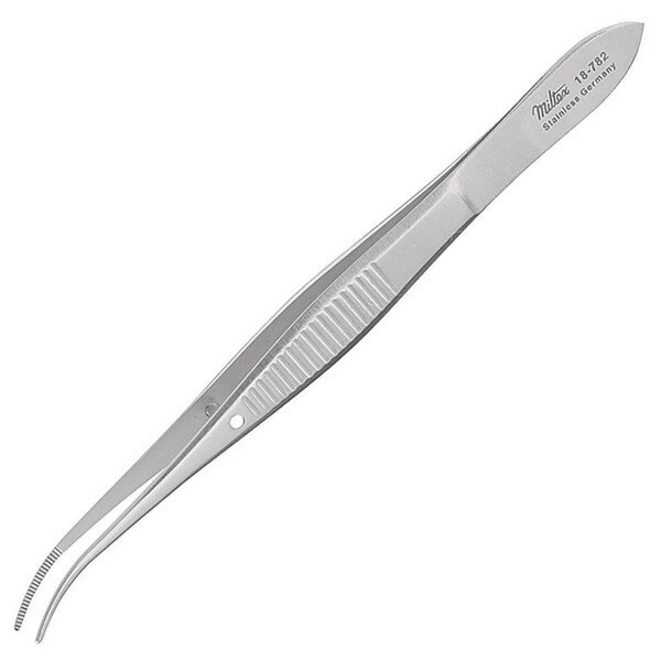 Miltex Vantage Eye Dressing Forceps, 4in, Half Curved, Standard Pattern, 0.8mm Wide Serrated Tips | Med-Vet International Miltex Vantage Eye Dressing Forceps, 4in, Half Curved, Standard Pattern, 0.8mm Wide Serrated Tips | Med-Vet International